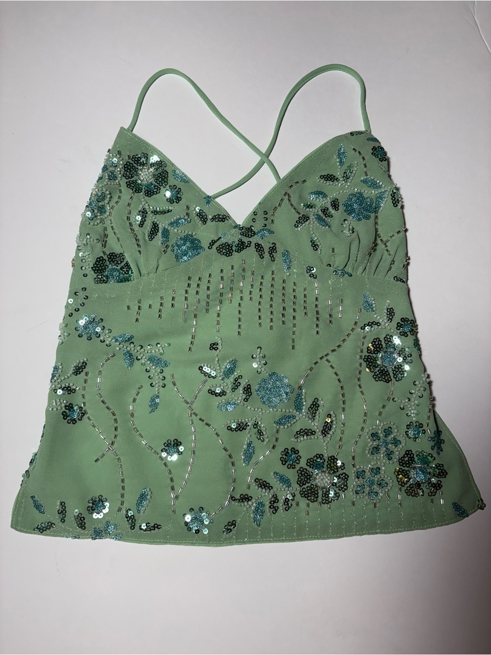 Peppermayo Kamilla V Neck Beaded Open Back Sequin Cami Top US XS Green New